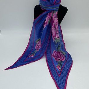 Vera Neumann Long Ponytail Silk Scarf Blue Pink Roses 66”